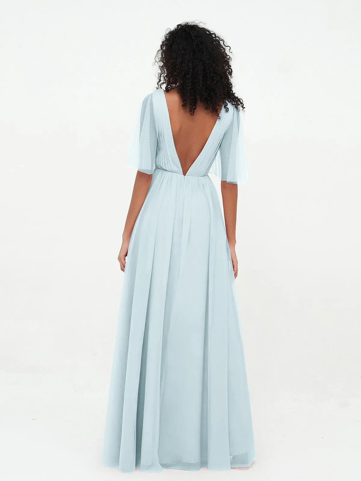 A-ligne Col en V Robes Maxi en Tulle avec Dos en V Profond Brume Grande Taille