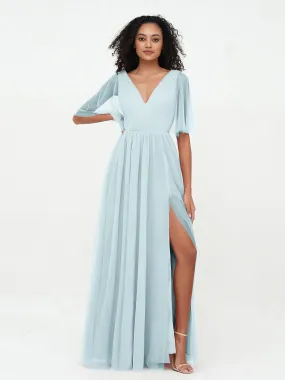 A-ligne Col en V Robes Maxi en Tulle avec Dos en V Profond Brume Grande Taille