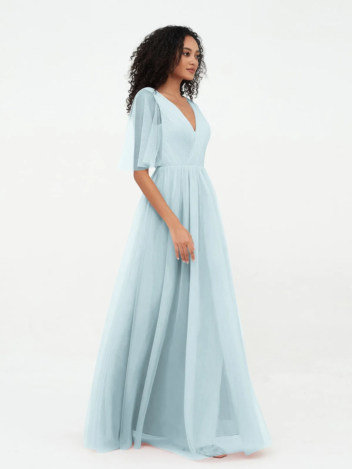 A-ligne Col en V Robes Maxi en Tulle avec Dos en V Profond Brume Grande Taille