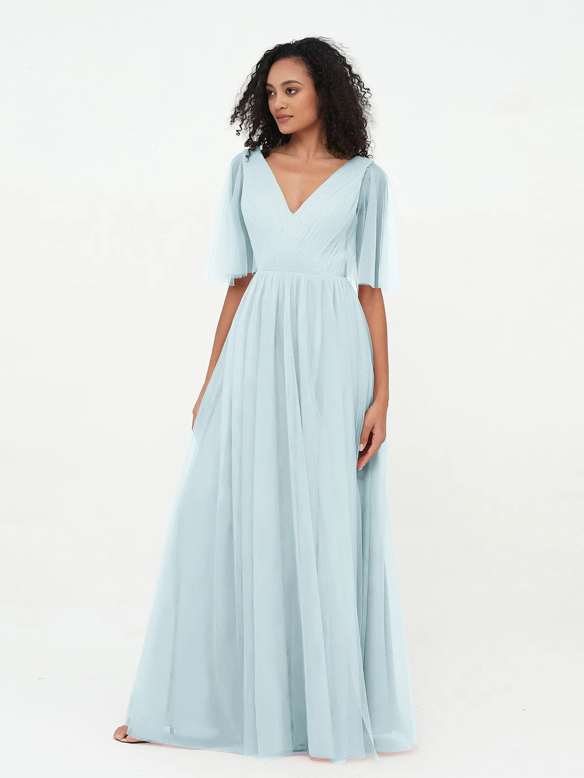 A-ligne Col en V Robes Maxi en Tulle avec Dos en V Profond Brume Grande Taille