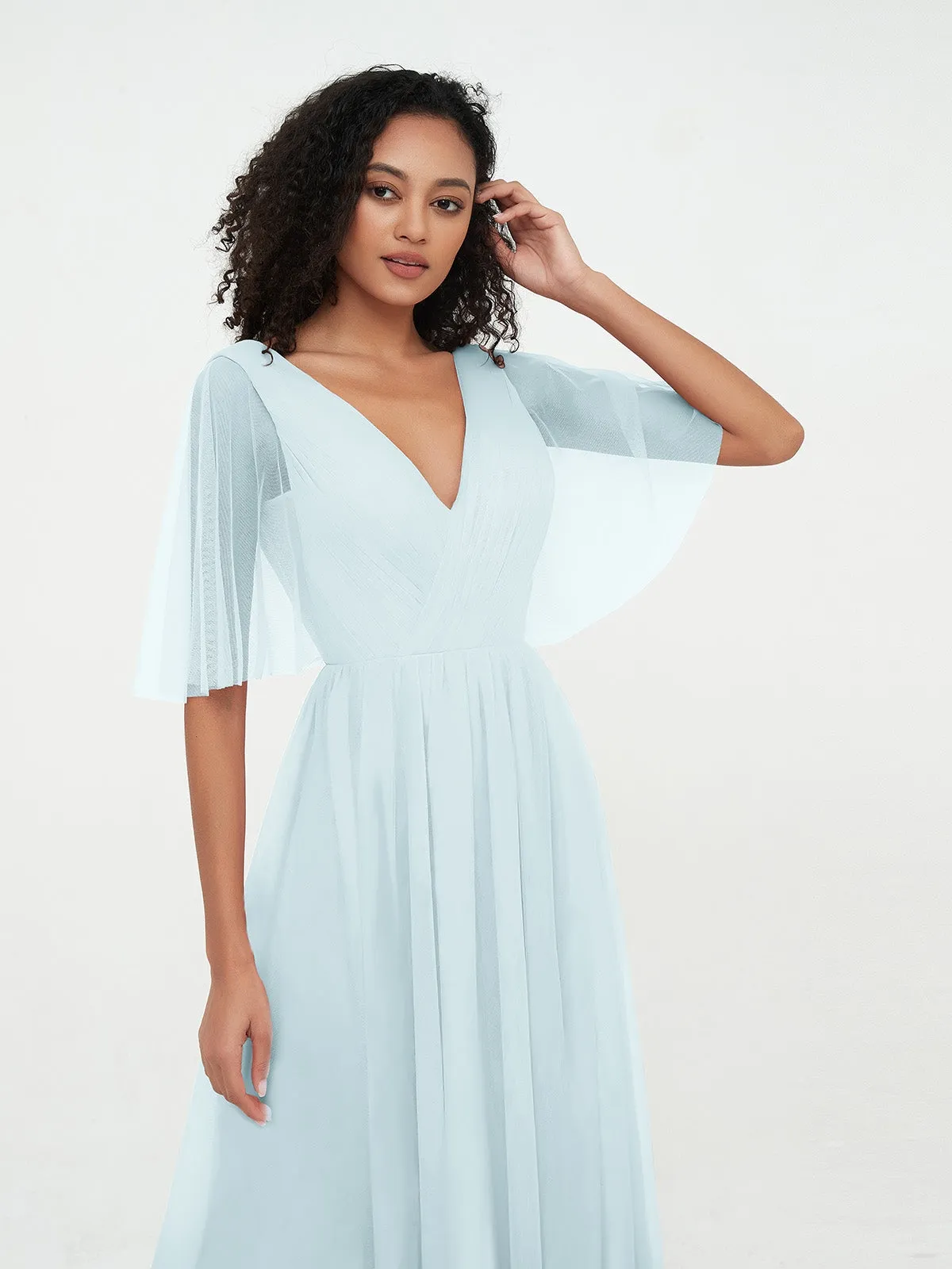 A-ligne Col en V Robes Maxi en Tulle avec Dos en V Profond Brume Grande Taille