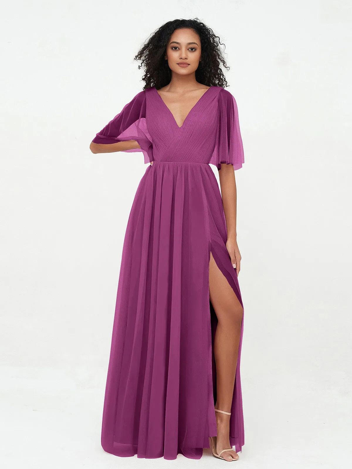 A-ligne Col en V Robes Maxi en Tulle avec Dos en V Profond Orchidee