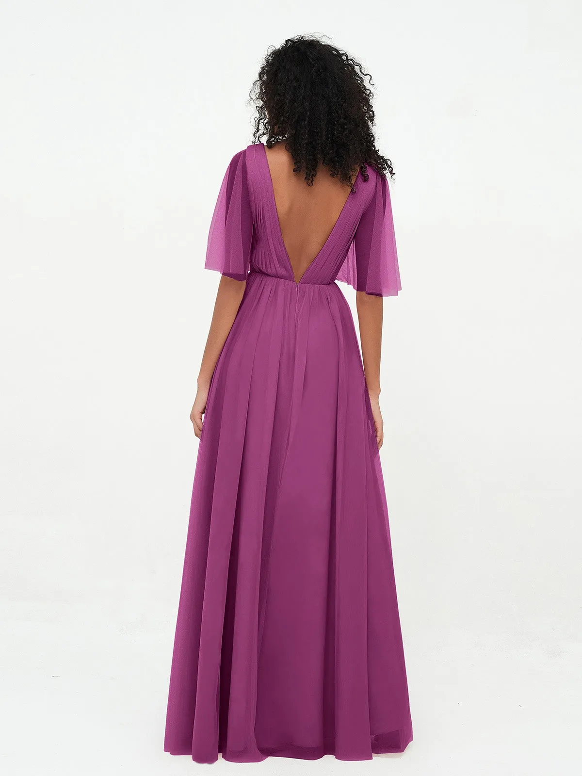 A-ligne Col en V Robes Maxi en Tulle avec Dos en V Profond Orchidee