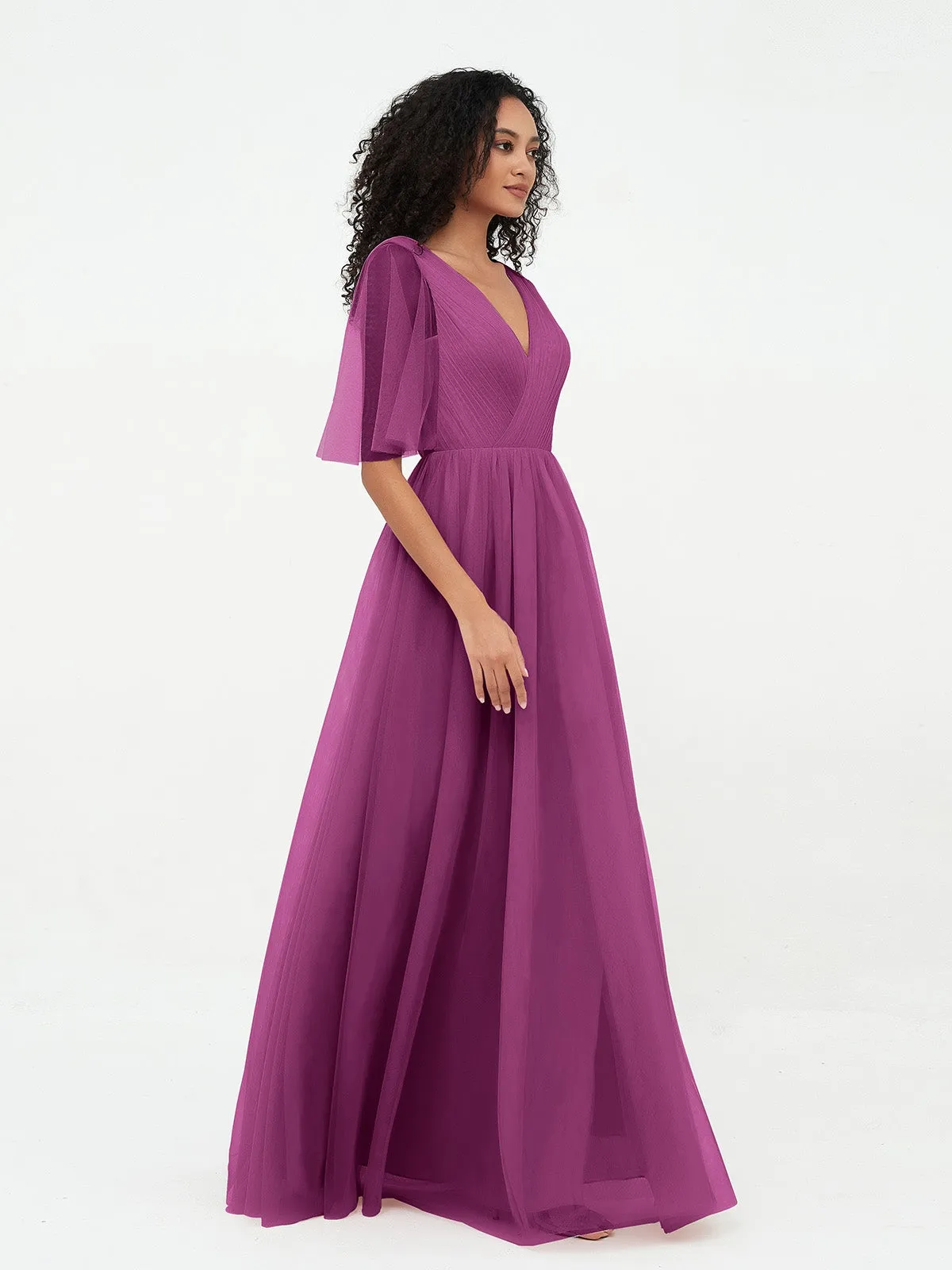 A-ligne Col en V Robes Maxi en Tulle avec Dos en V Profond Orchidee