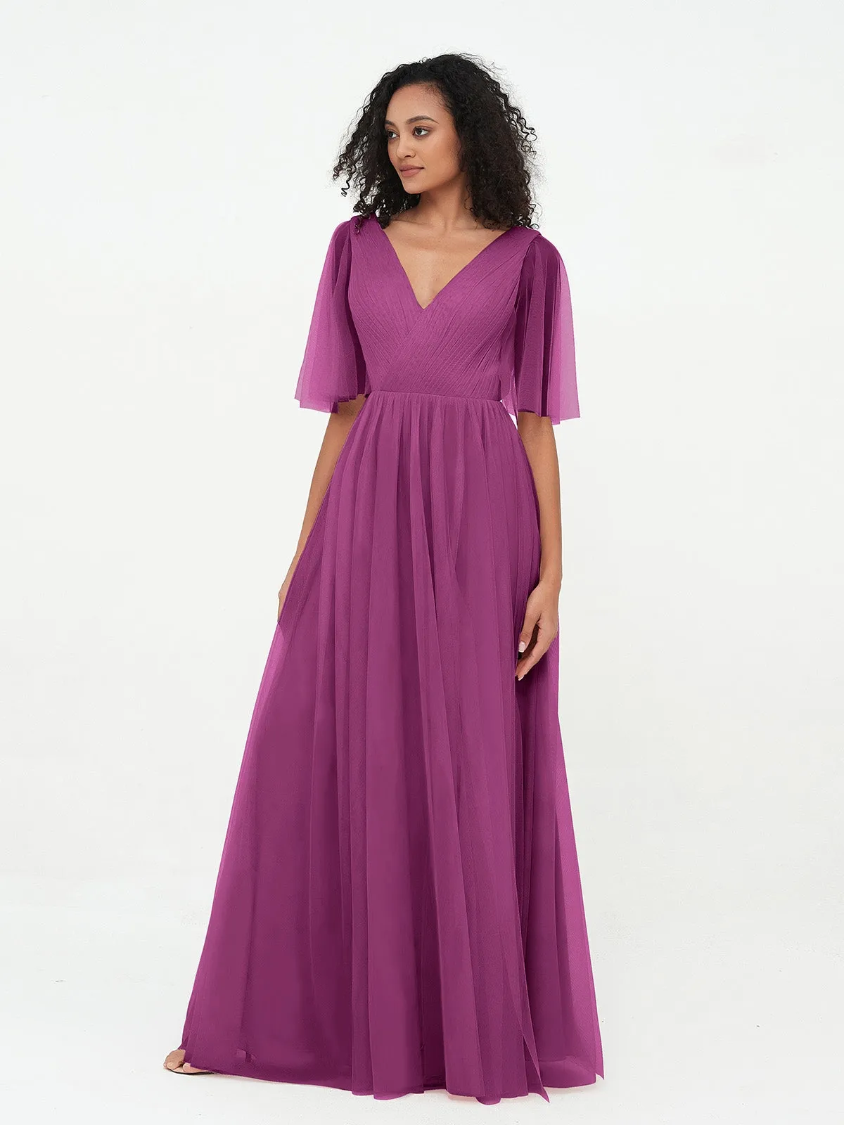 A-ligne Col en V Robes Maxi en Tulle avec Dos en V Profond Orchidee