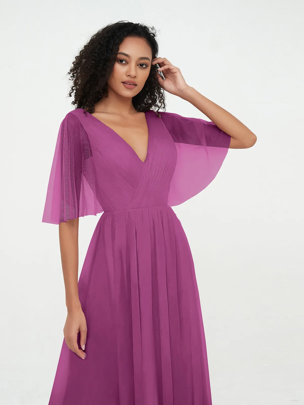 A-ligne Col en V Robes Maxi en Tulle avec Dos en V Profond Orchidee