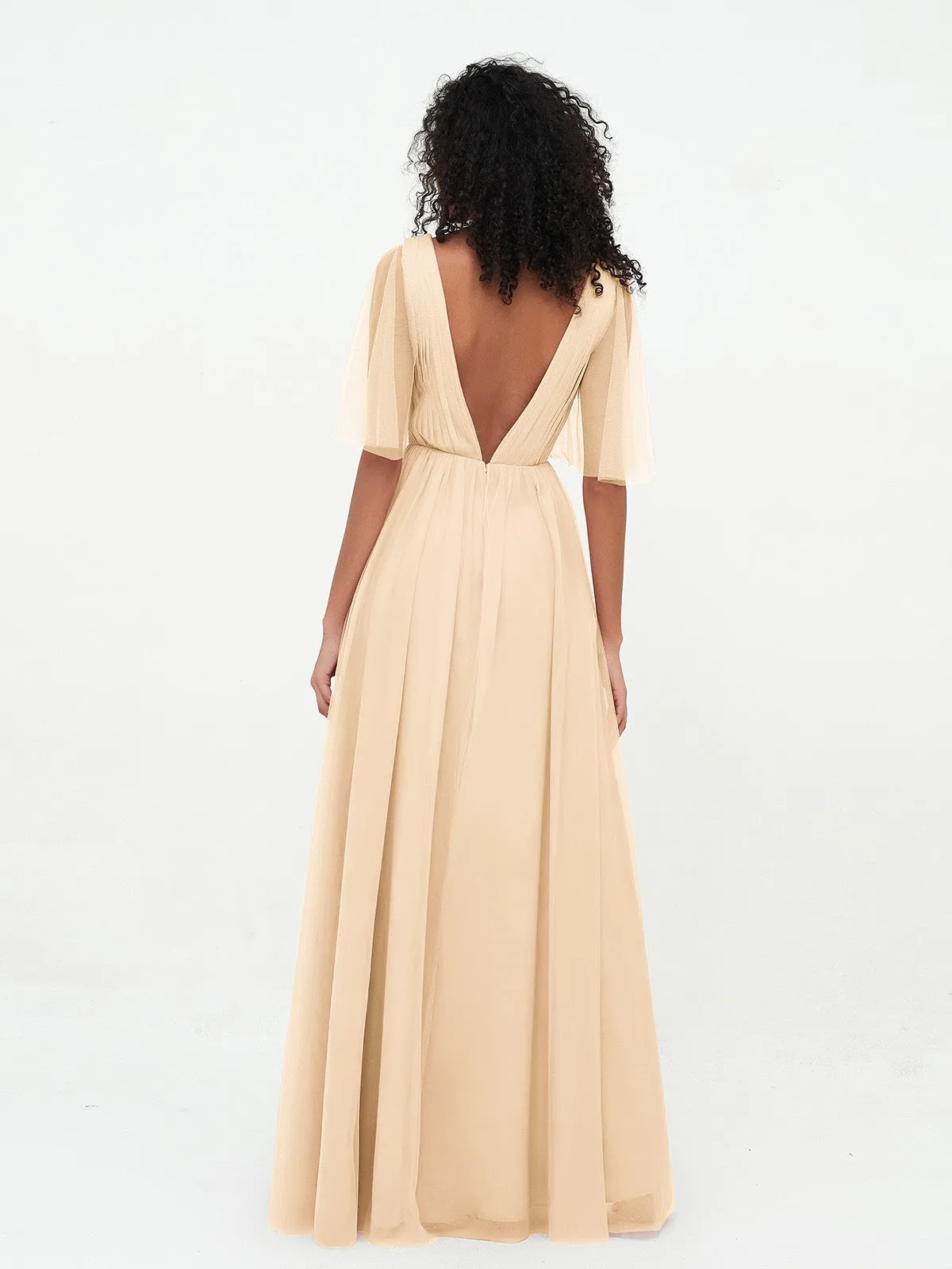 A-ligne Col en V Robes Maxi en Tulle avec Dos en V Profond Pêche