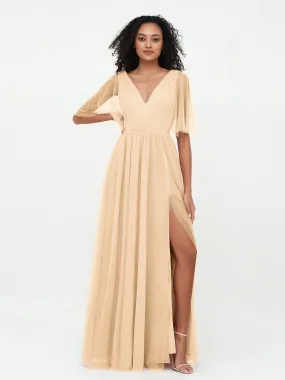 A-ligne Col en V Robes Maxi en Tulle avec Dos en V Profond Pêche