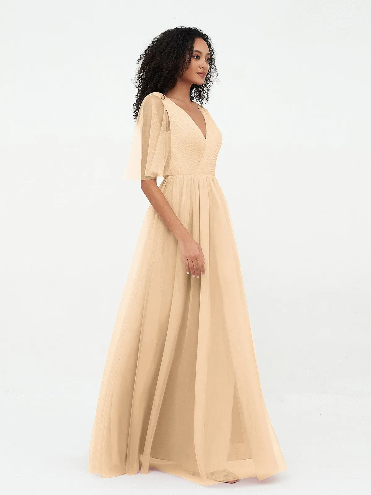 A-ligne Col en V Robes Maxi en Tulle avec Dos en V Profond Pêche