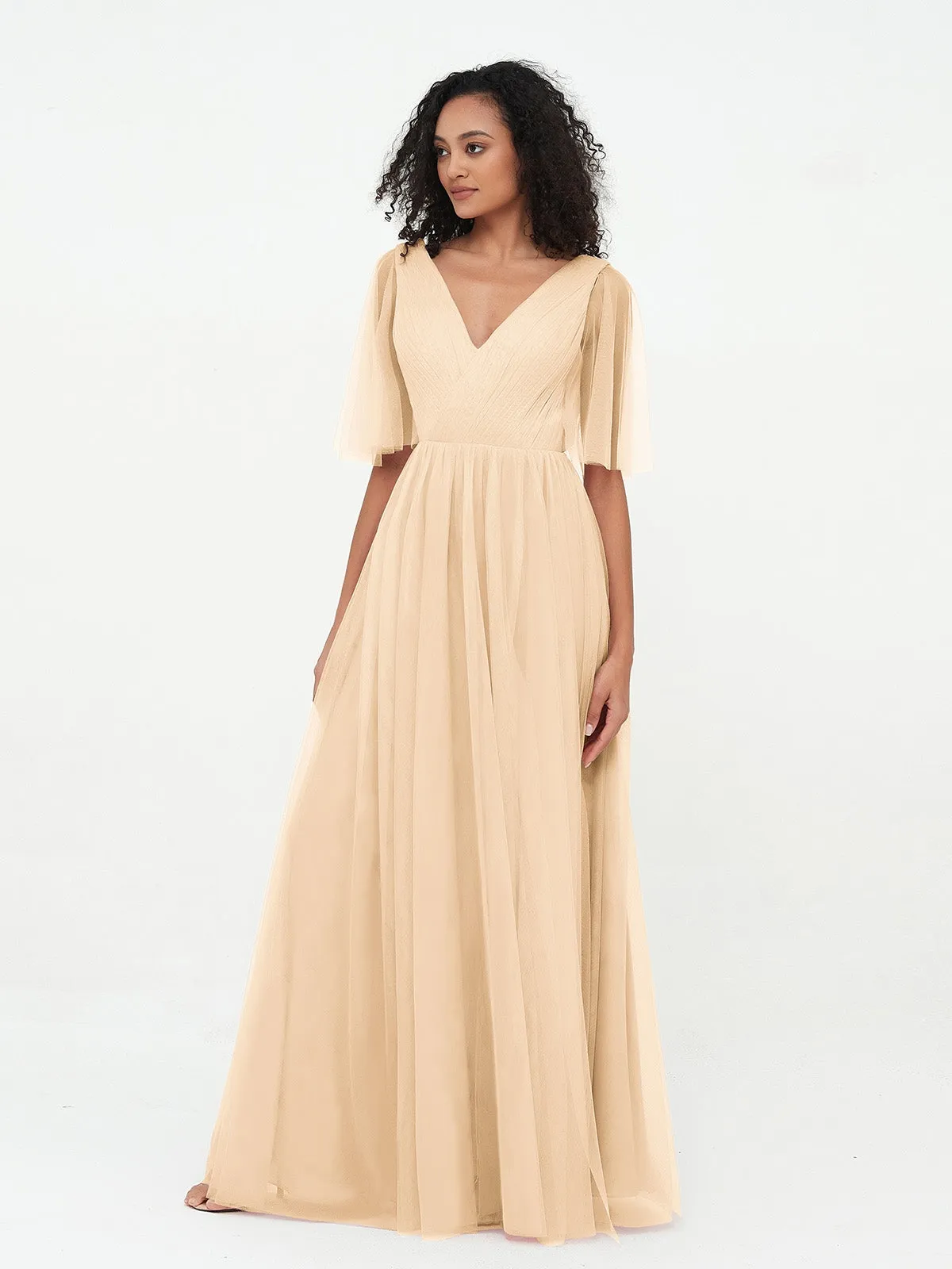 A-ligne Col en V Robes Maxi en Tulle avec Dos en V Profond Pêche