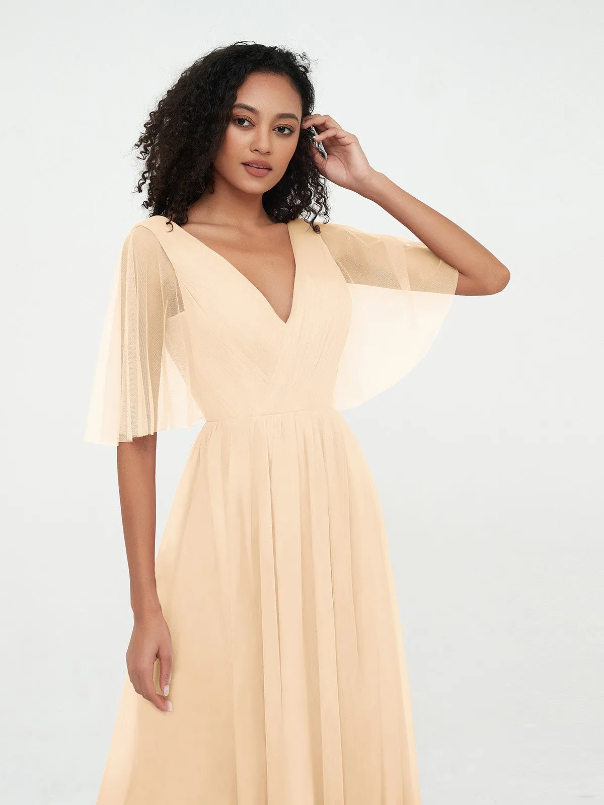 A-ligne Col en V Robes Maxi en Tulle avec Dos en V Profond Pêche