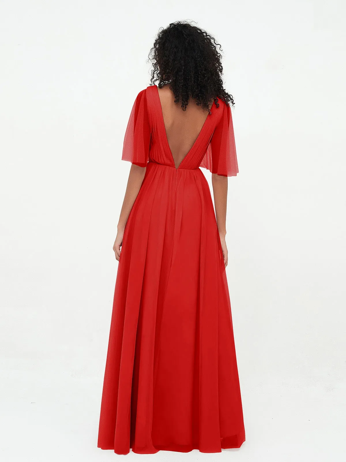 A-ligne Col en V Robes Maxi en Tulle avec Dos en V Profond Rouge