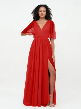 A-ligne Col en V Robes Maxi en Tulle avec Dos en V Profond Rouge