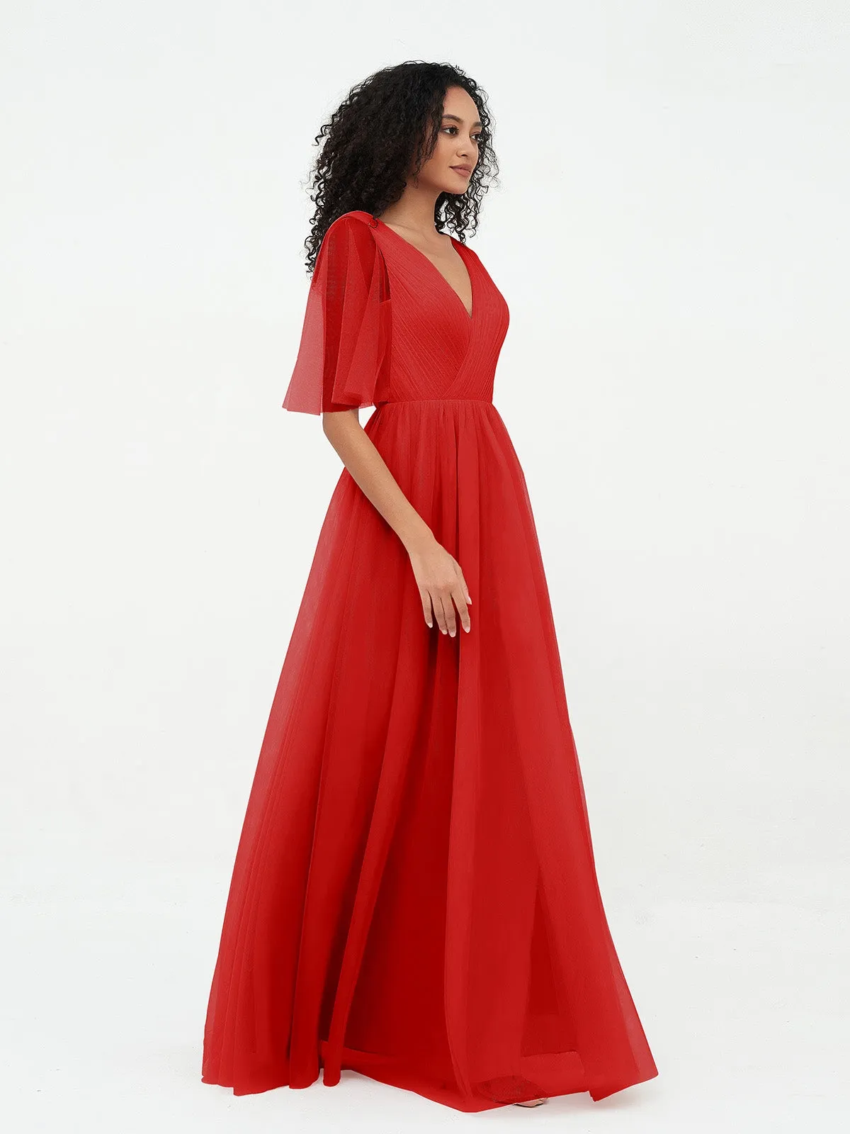 A-ligne Col en V Robes Maxi en Tulle avec Dos en V Profond Rouge