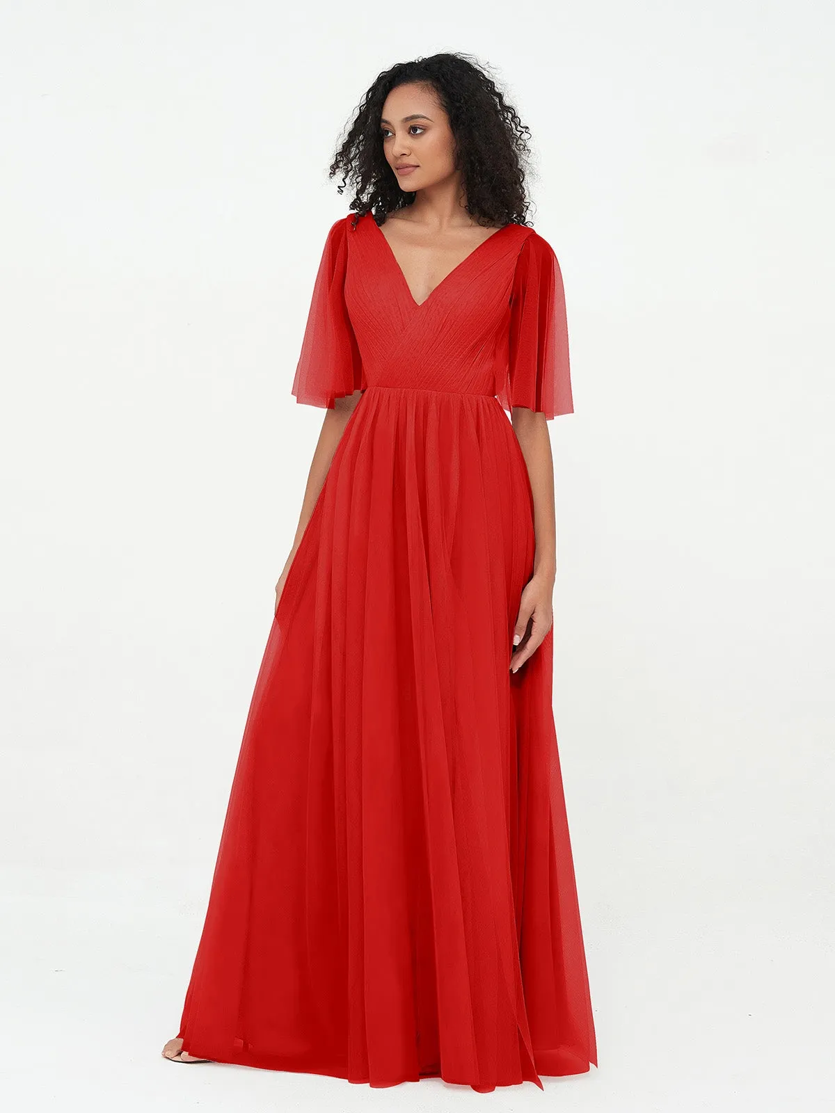 A-ligne Col en V Robes Maxi en Tulle avec Dos en V Profond Rouge