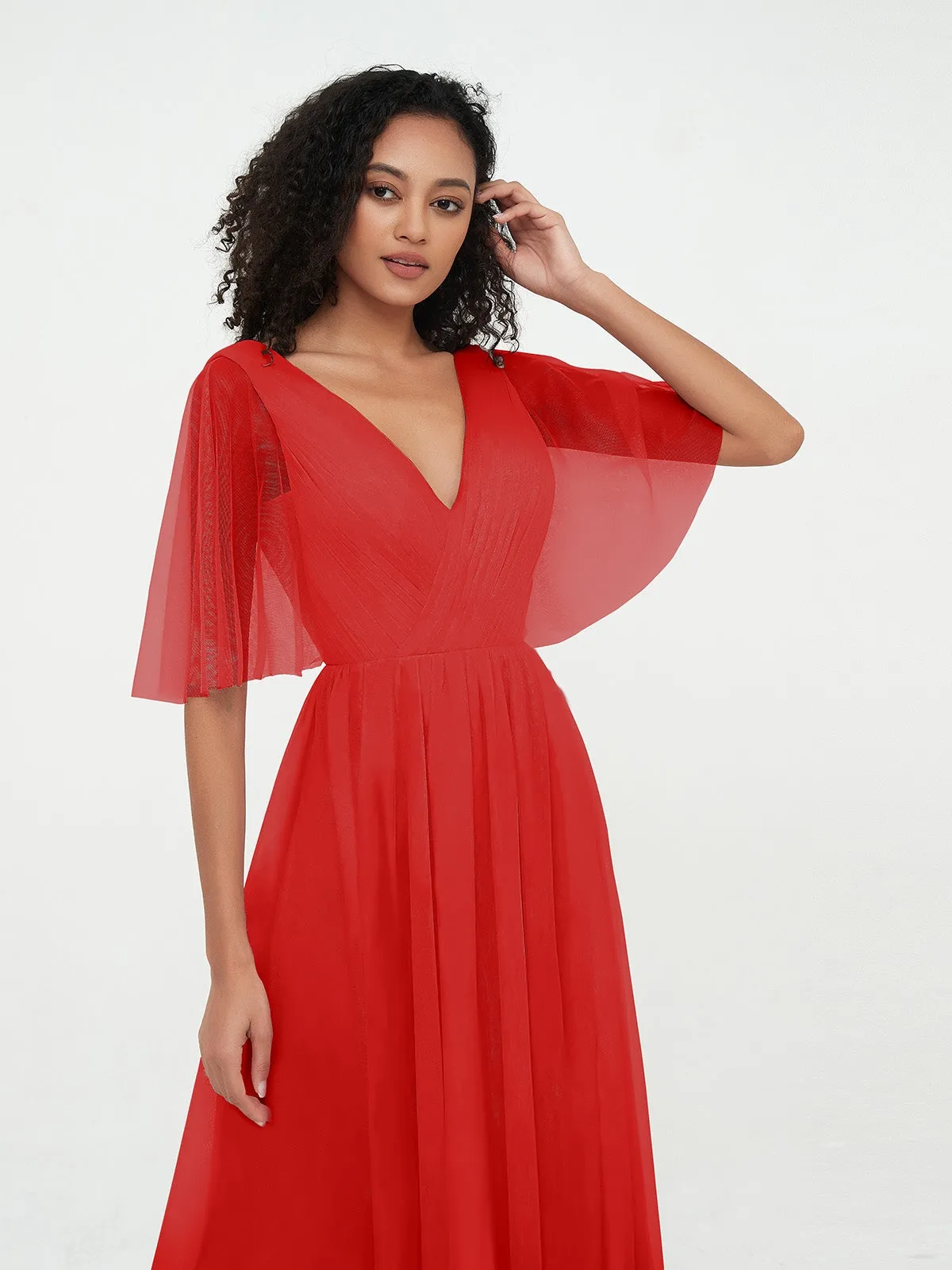 A-ligne Col en V Robes Maxi en Tulle avec Dos en V Profond Rouge