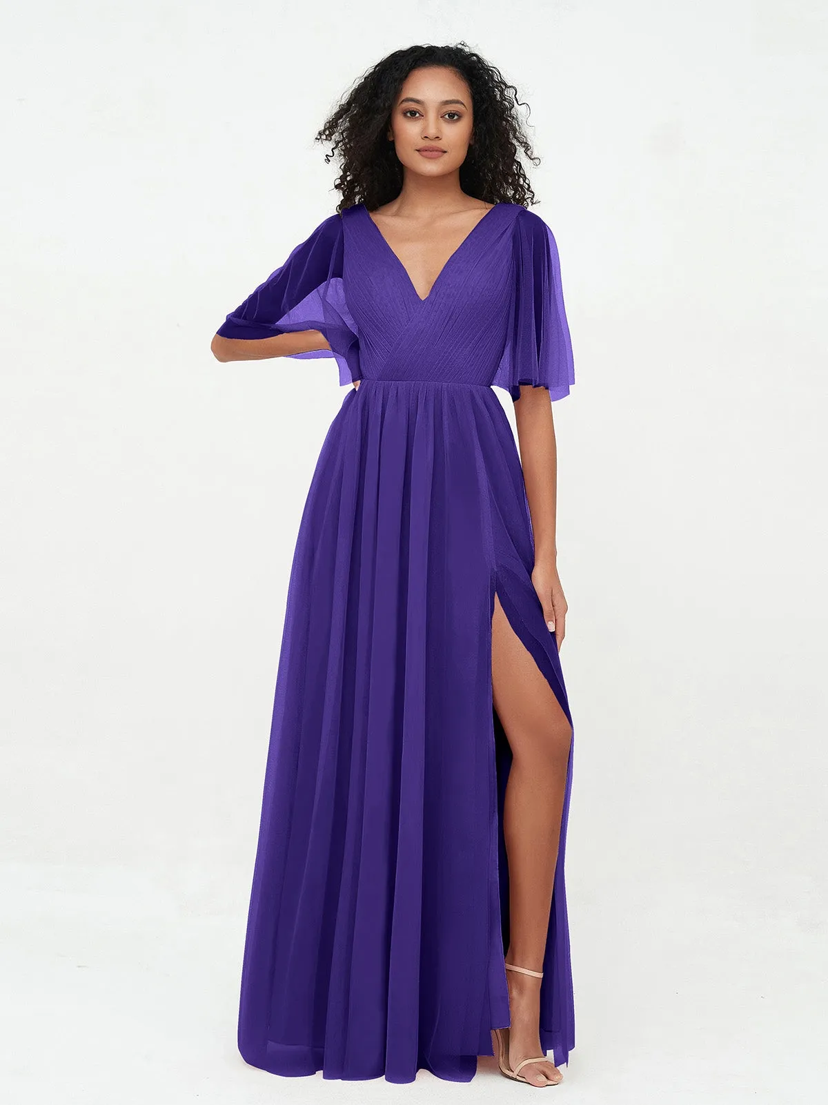 A-ligne Col en V Robes Maxi en Tulle avec Dos en V Profond Régence