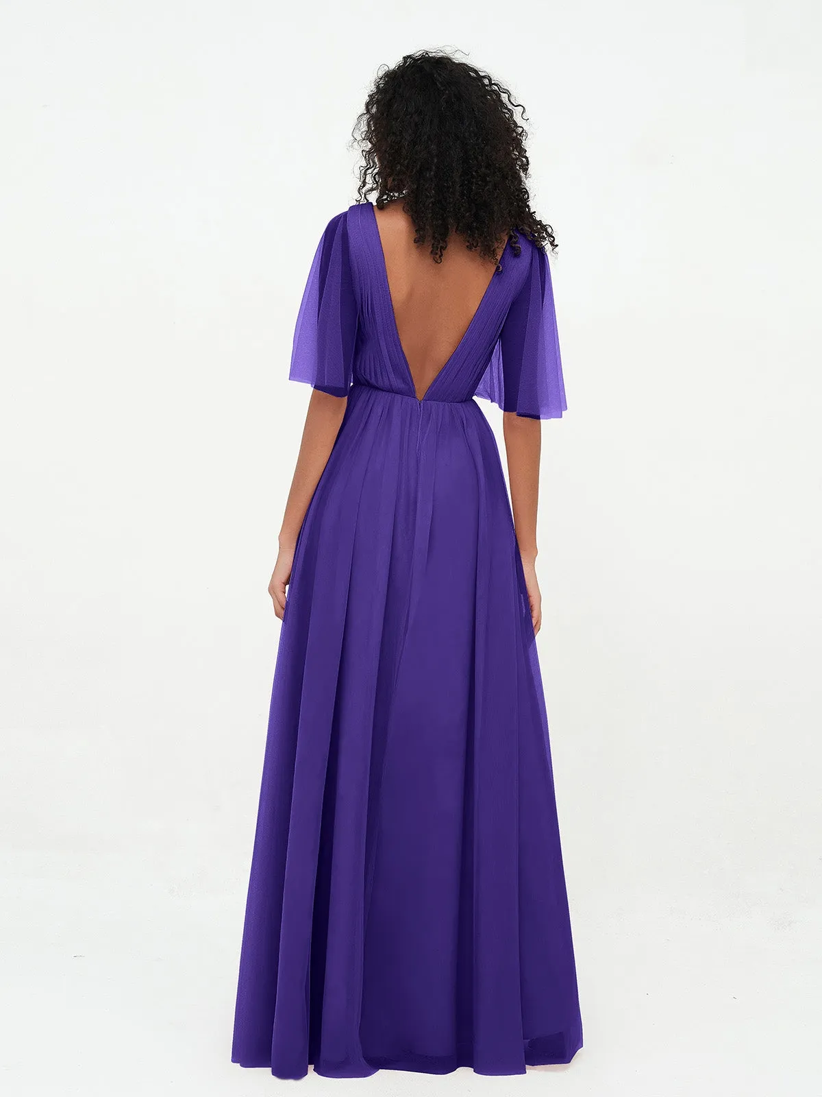 A-ligne Col en V Robes Maxi en Tulle avec Dos en V Profond Régence