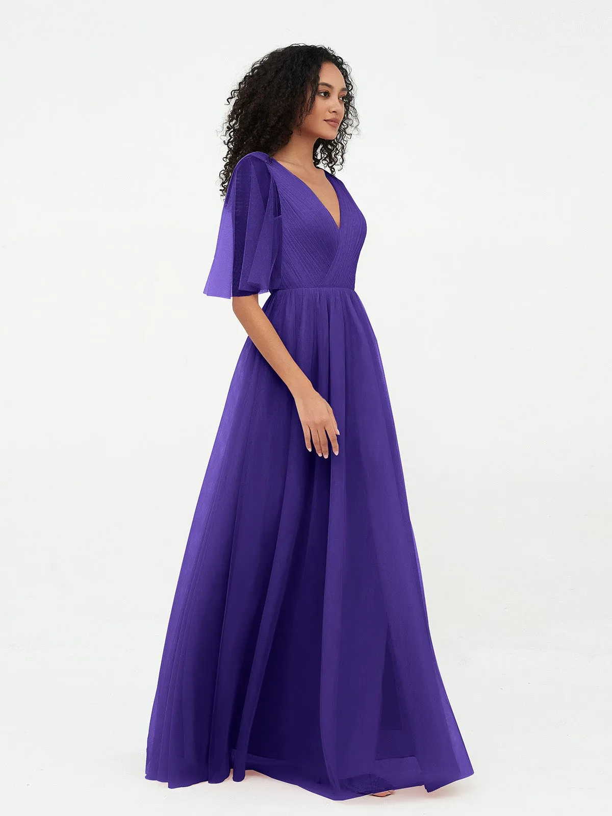 A-ligne Col en V Robes Maxi en Tulle avec Dos en V Profond Régence