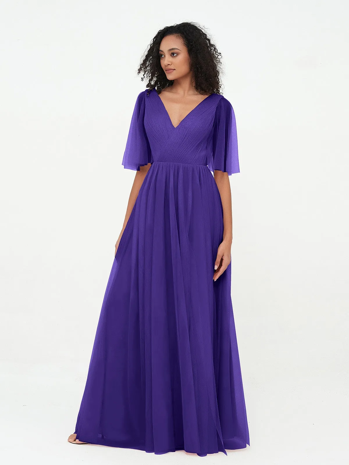 A-ligne Col en V Robes Maxi en Tulle avec Dos en V Profond Régence