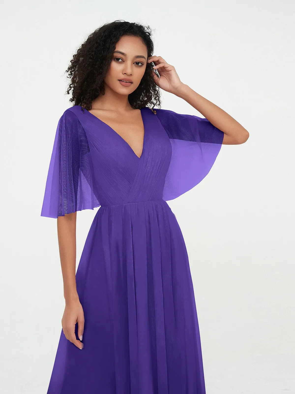 A-ligne Col en V Robes Maxi en Tulle avec Dos en V Profond Régence