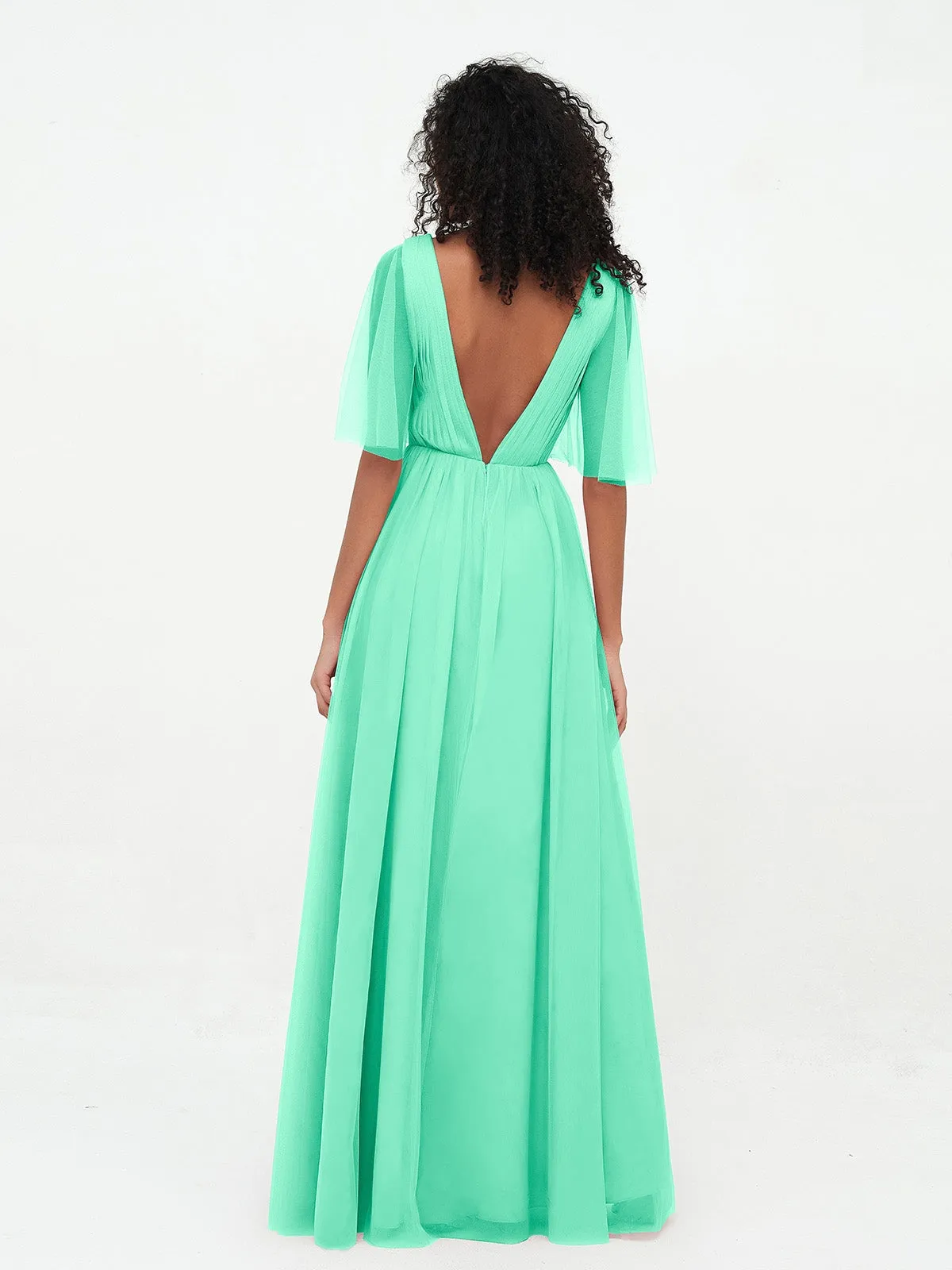 A-ligne Col en V Robes Maxi en Tulle avec Dos en V Profond Turquoise