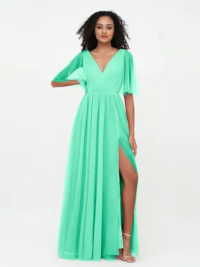 A-ligne Col en V Robes Maxi en Tulle avec Dos en V Profond Turquoise