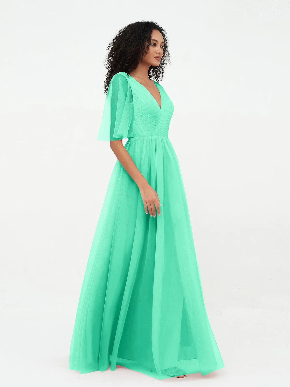 A-ligne Col en V Robes Maxi en Tulle avec Dos en V Profond Turquoise