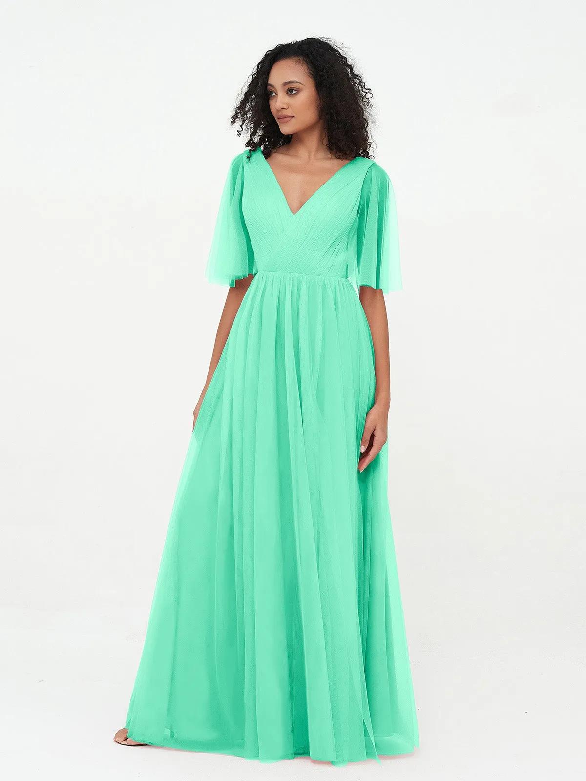 A-ligne Col en V Robes Maxi en Tulle avec Dos en V Profond Turquoise