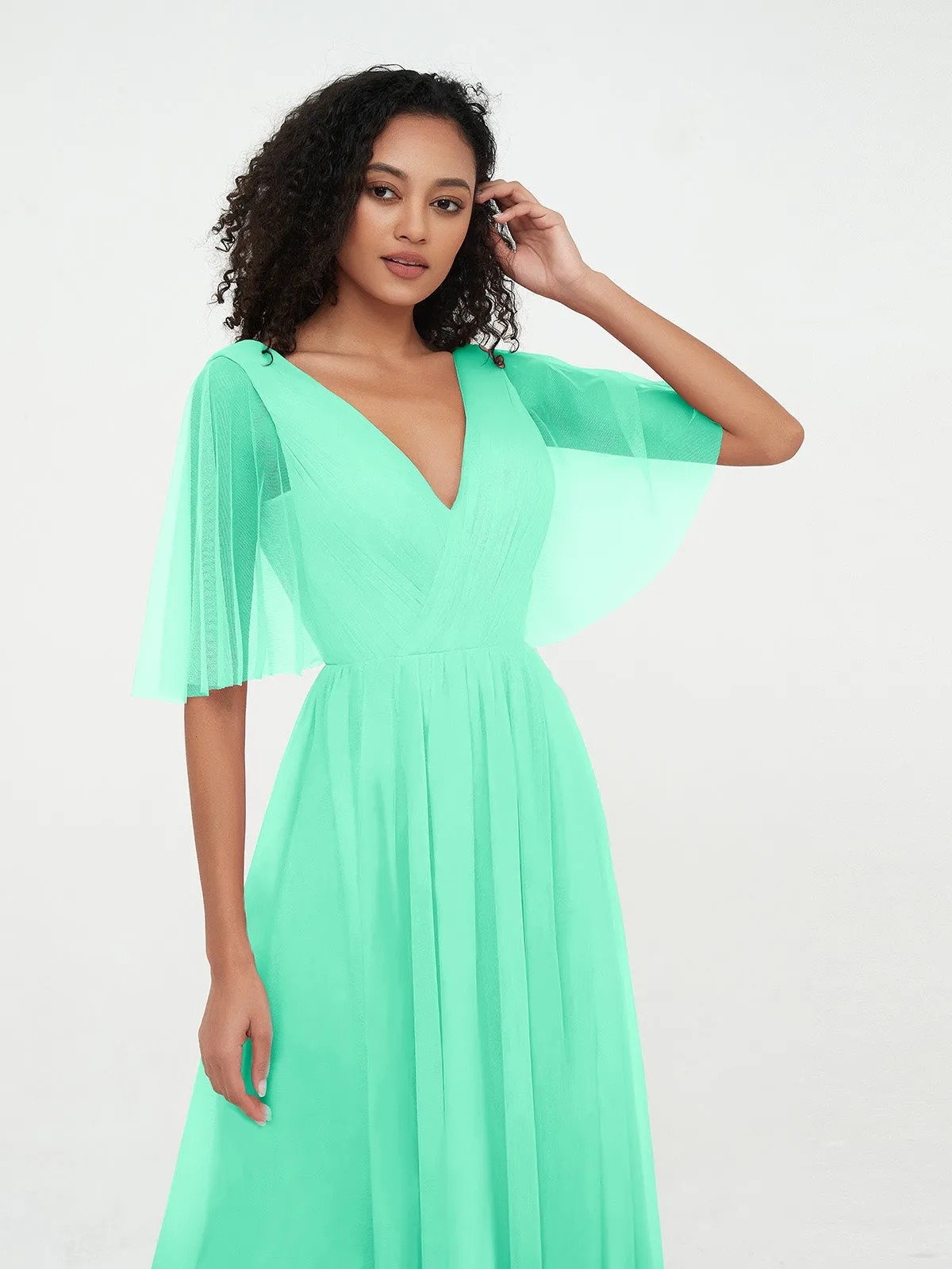 A-ligne Col en V Robes Maxi en Tulle avec Dos en V Profond Turquoise