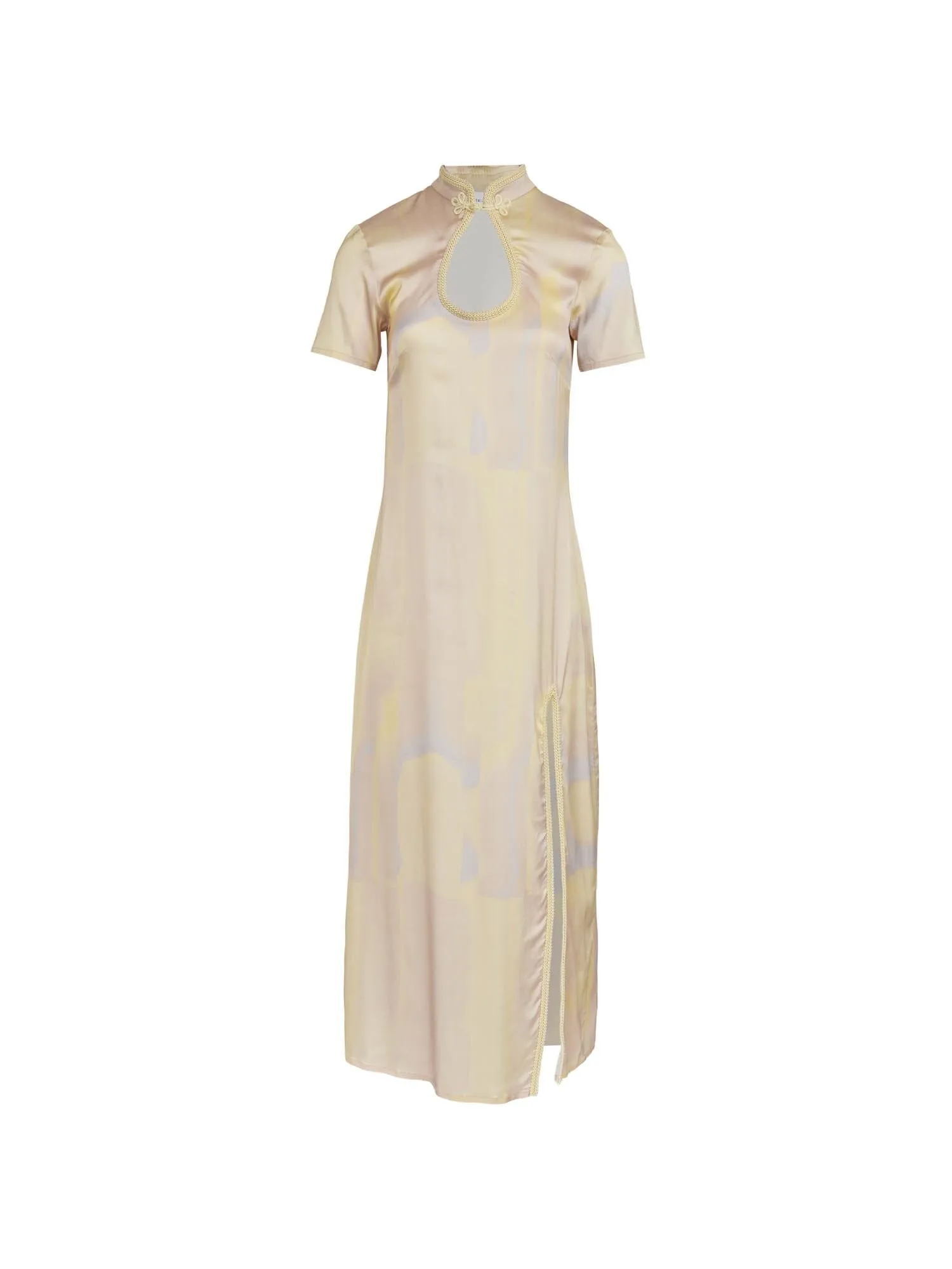 ANAIS - Robe longue fendue à décolleté goutte d'eau en satin de viscose imprimé Tie & Dye Jaune