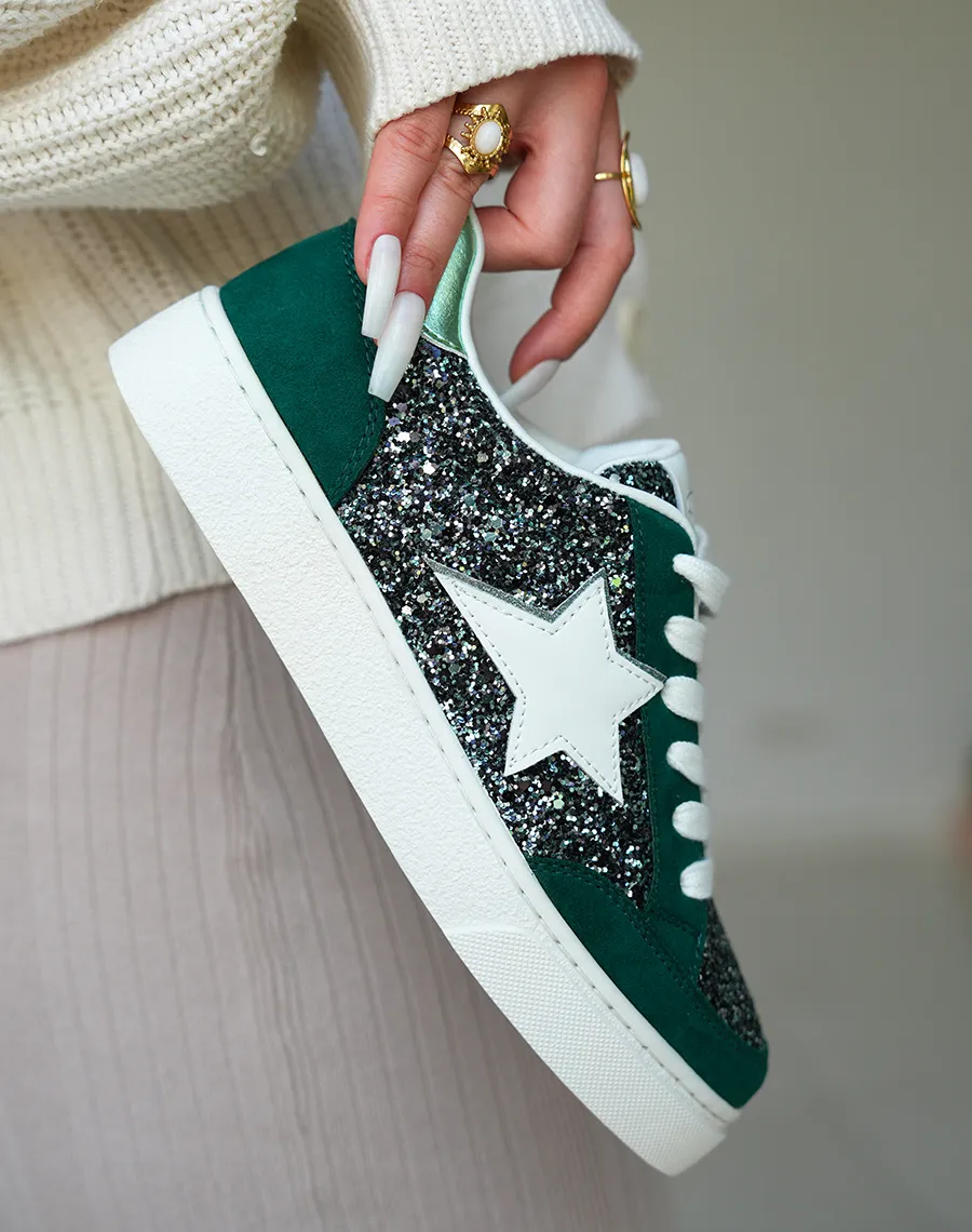 Baskets Femme Vert Foncé Tendance avec Détails Paillettes et Étoile