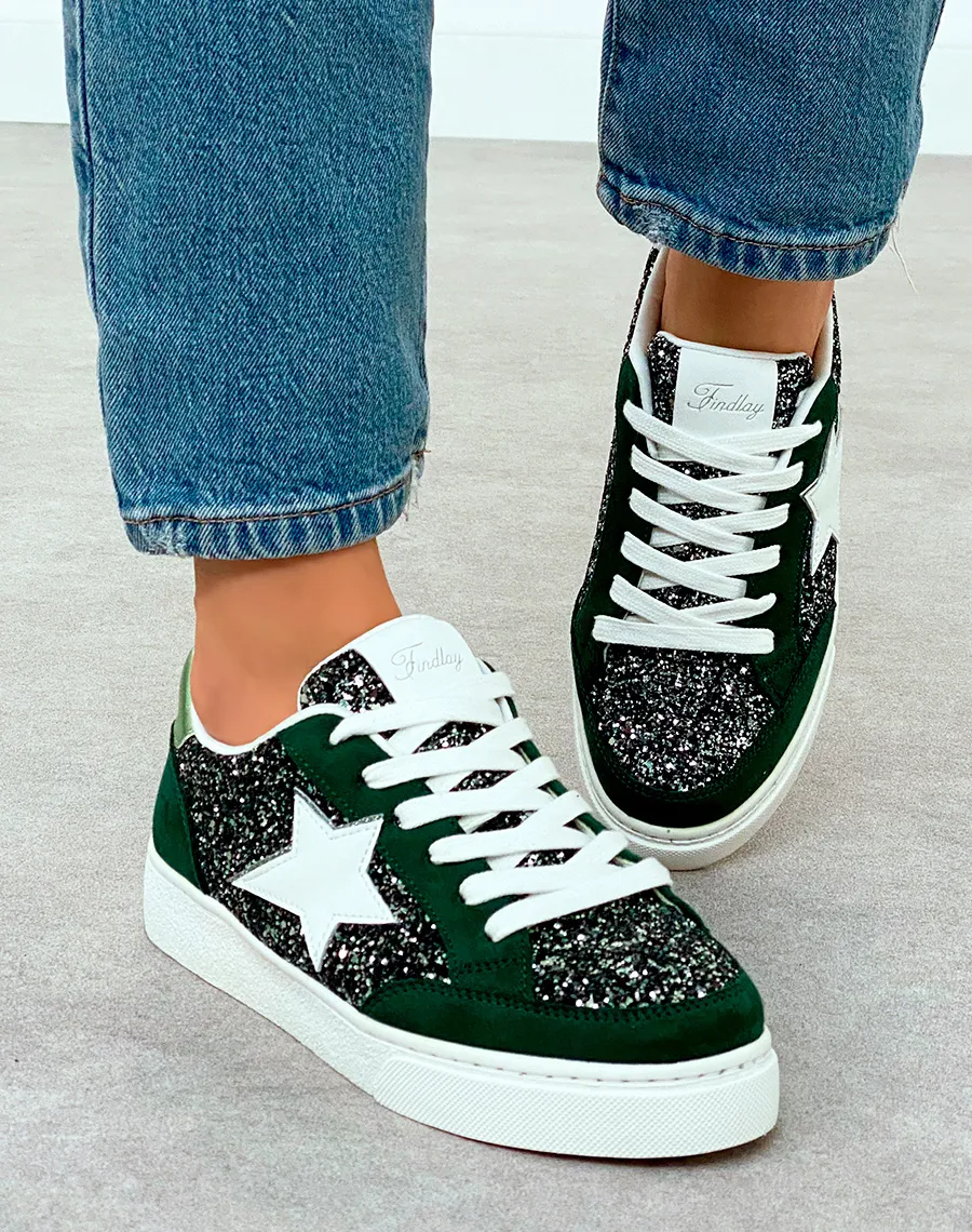 Baskets Femme Vert Foncé Tendance avec Détails Paillettes et Étoile