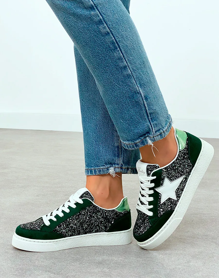 Baskets Femme Vert Foncé Tendance avec Détails Paillettes et Étoile