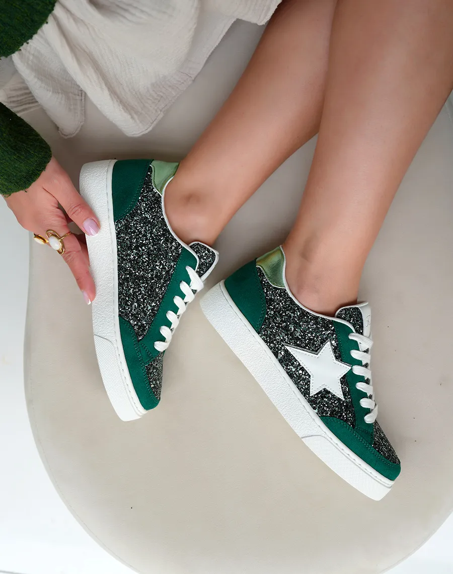 Baskets Femme Vert Foncé Tendance avec Détails Paillettes et Étoile