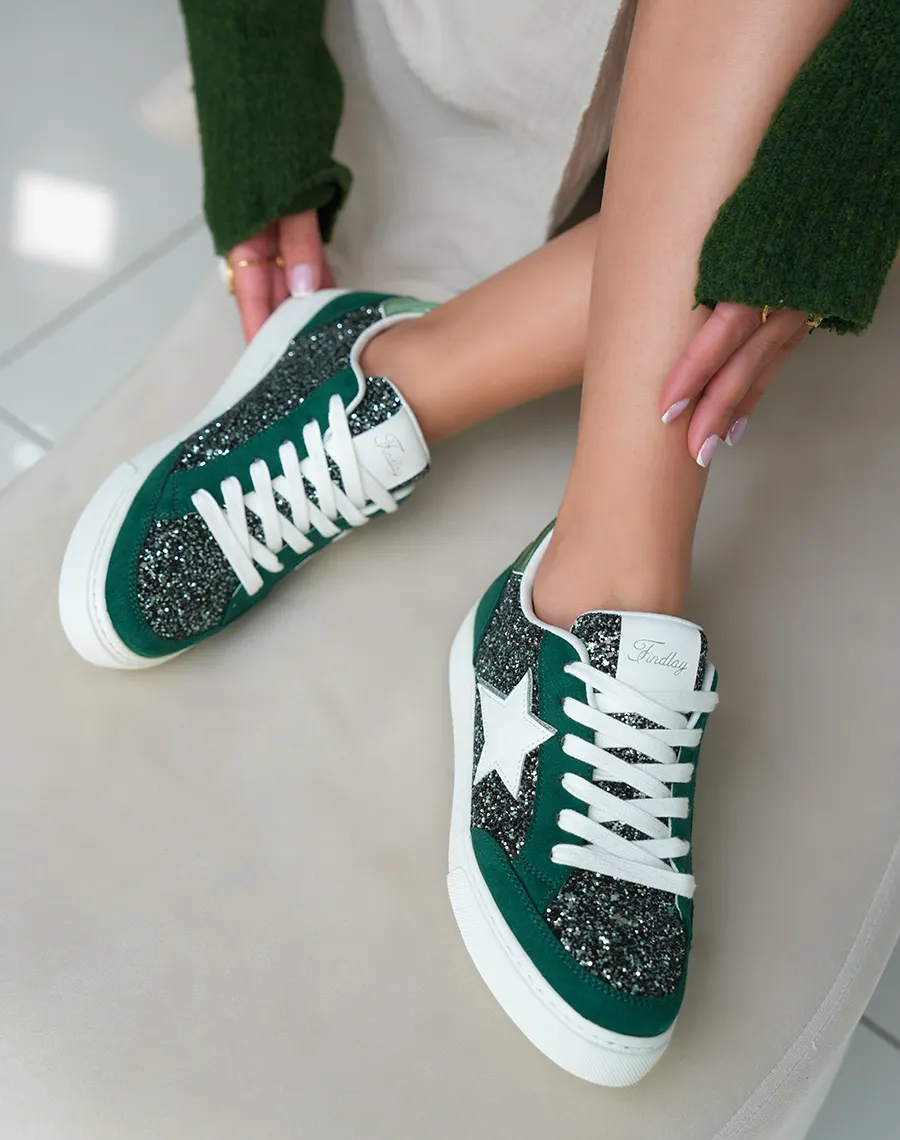 Baskets Femme Vert Foncé Tendance avec Détails Paillettes et Étoile