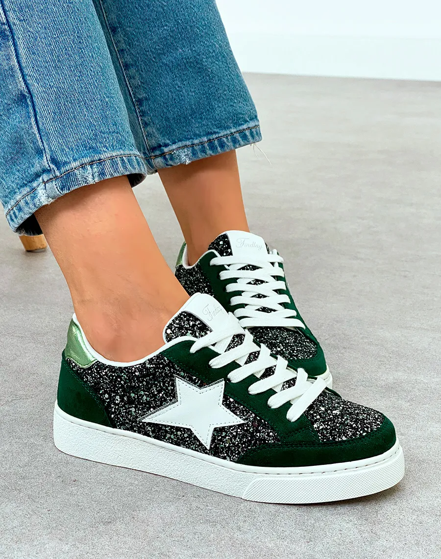 Baskets Femme Vert Foncé Tendance avec Détails Paillettes et Étoile