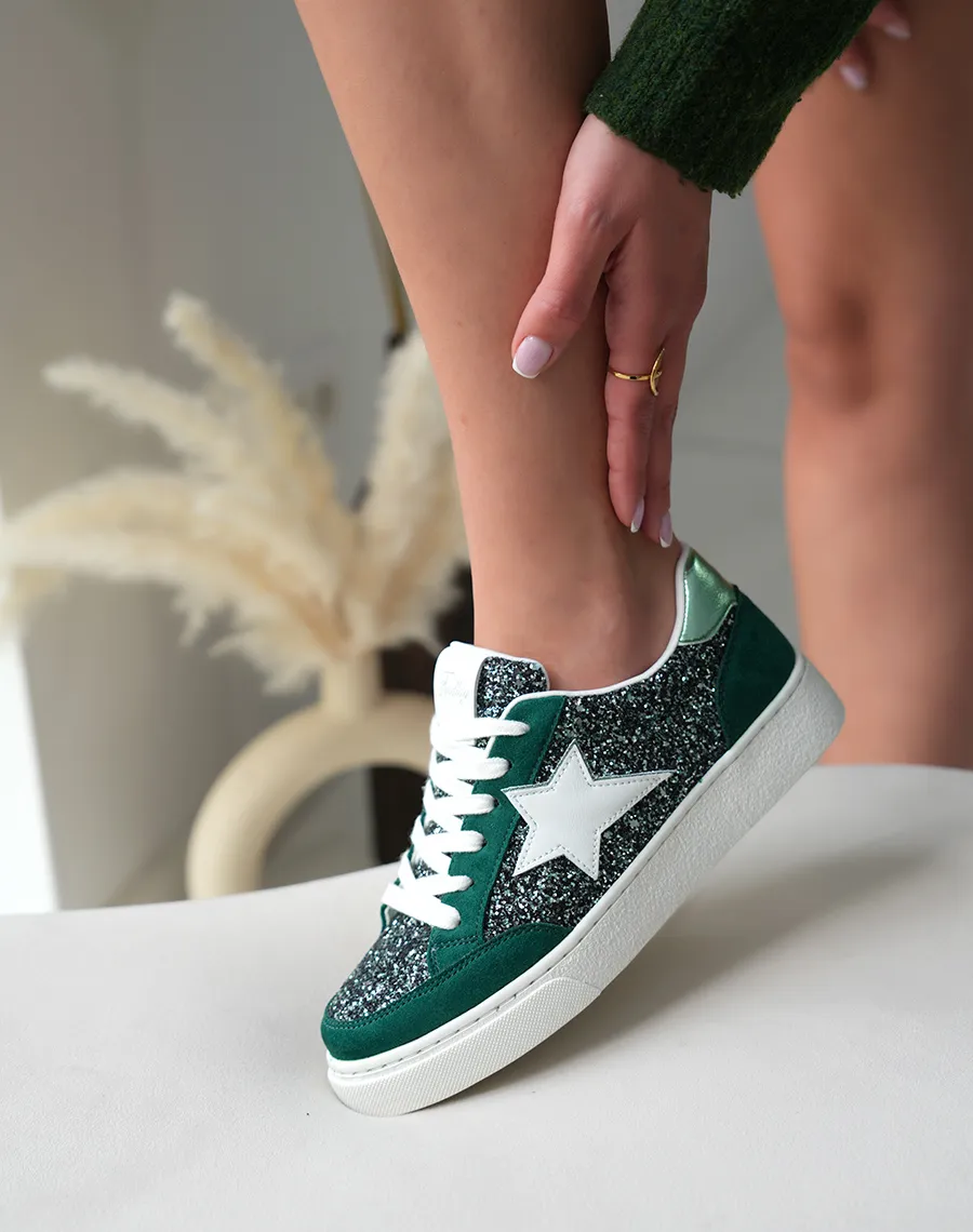 Baskets Femme Vert Foncé Tendance avec Détails Paillettes et Étoile