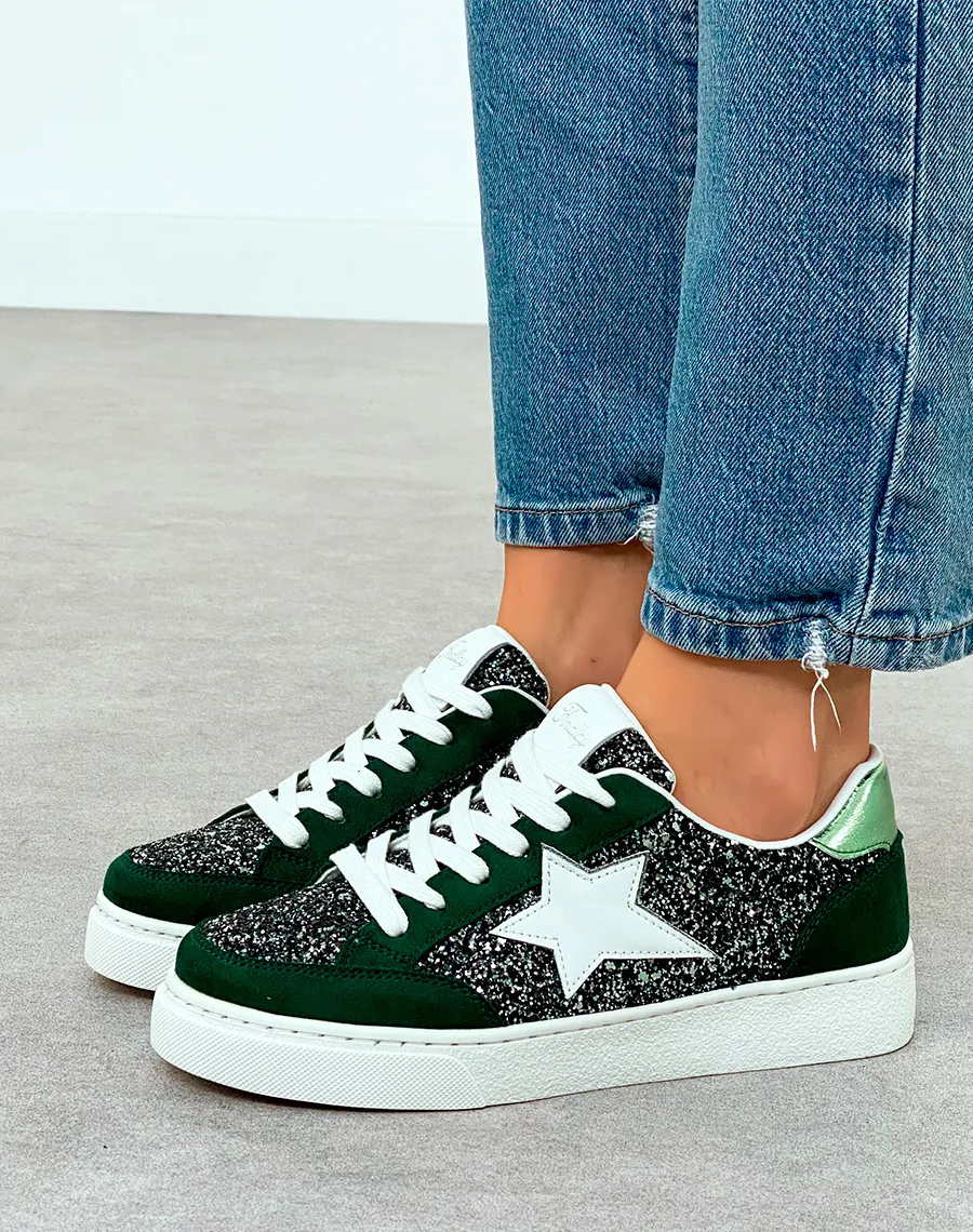 Baskets Femme Vert Foncé Tendance avec Détails Paillettes et Étoile