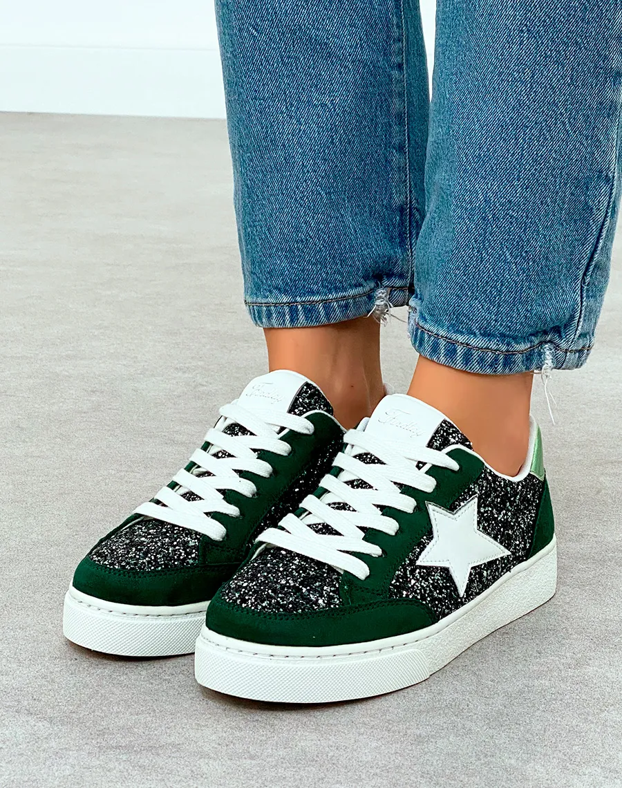 Baskets Femme Vert Foncé Tendance avec Détails Paillettes et Étoile