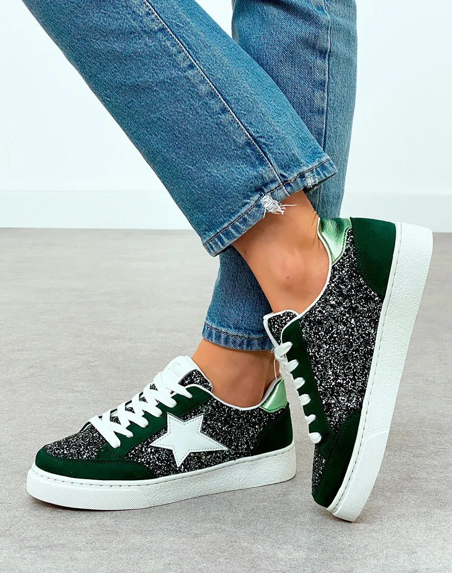 Baskets Femme Vert Foncé Tendance avec Détails Paillettes et Étoile