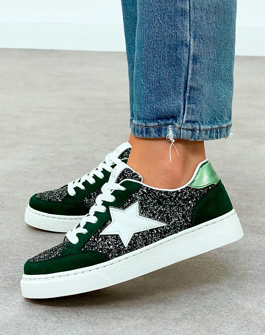 Baskets Femme Vert Foncé Tendance avec Détails Paillettes et Étoile