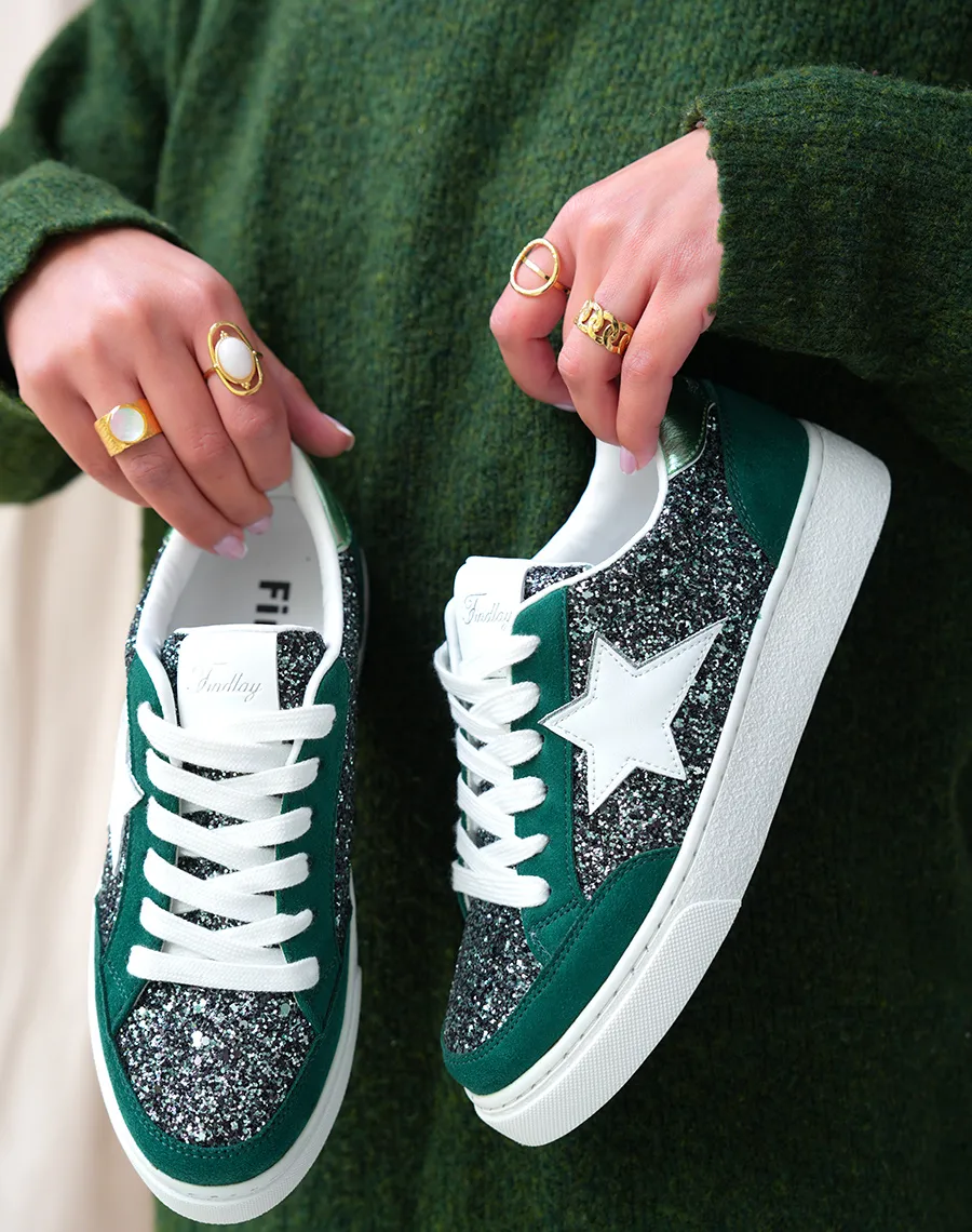 Baskets Femme Vert Foncé Tendance avec Détails Paillettes et Étoile