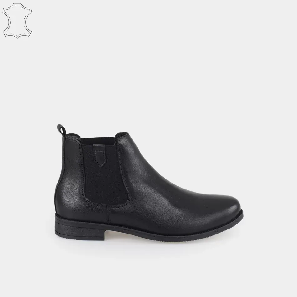 Bottines Chelsea femmes plates en cuir,  Noir