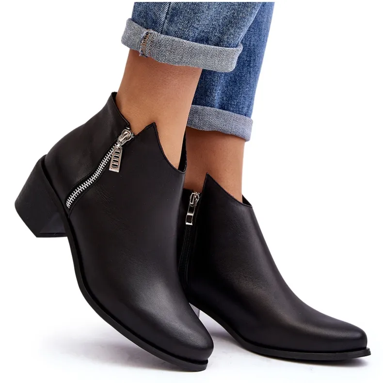 Bottines femme en cuir à tige basse sur talon haut avec fermetures éclair, Noir Annaja le noir