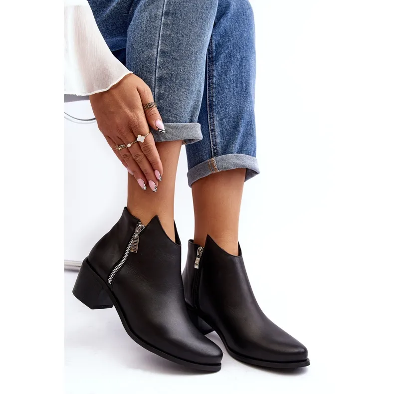 Bottines femme en cuir à tige basse sur talon haut avec fermetures éclair, Noir Annaja le noir