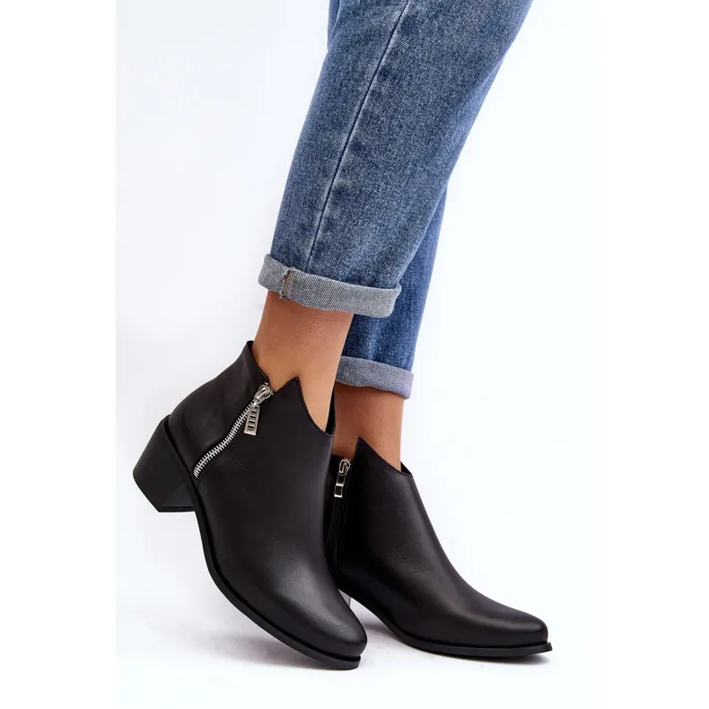 Bottines femme en cuir à tige basse sur talon haut avec fermetures éclair, Noir Annaja le noir