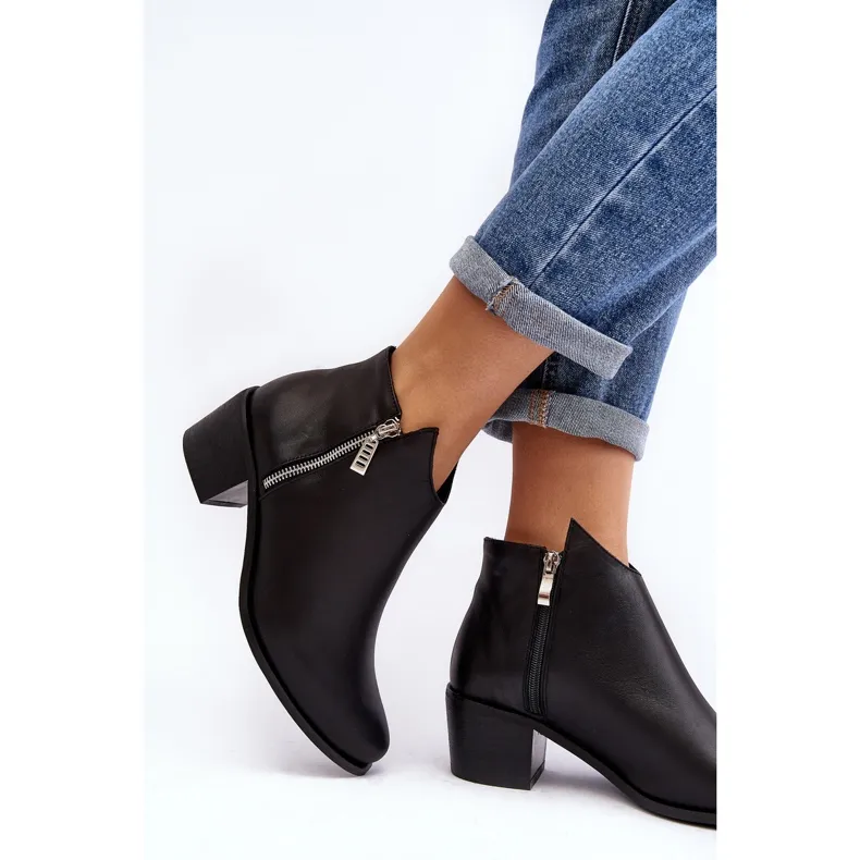 Bottines femme en cuir à tige basse sur talon haut avec fermetures éclair, Noir Annaja le noir