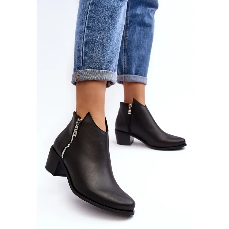 Bottines femme en cuir à tige basse sur talon haut avec fermetures éclair, Noir Annaja le noir