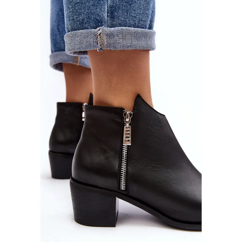 Bottines femme en cuir à tige basse sur talon haut avec fermetures éclair, Noir Annaja le noir